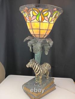 Tiffany Style Stained Glass Zebra Palm Tree Books Hollywood Regency Table Lamp