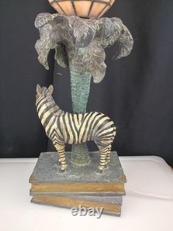 Tiffany Style Stained Glass Zebra Palm Tree Books Hollywood Regency Table Lamp