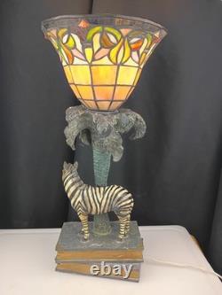 Tiffany Style Stained Glass Zebra Palm Tree Books Hollywood Regency Table Lamp