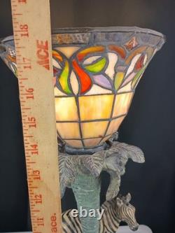 Tiffany Style Stained Glass Zebra Palm Tree Books Hollywood Regency Table Lamp