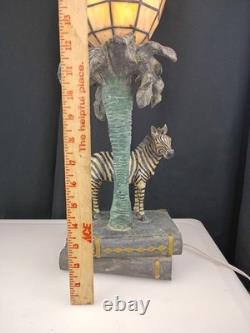 Tiffany Style Stained Glass Zebra Palm Tree Books Hollywood Regency Table Lamp