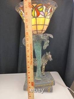 Tiffany Style Stained Glass Zebra Palm Tree Books Hollywood Regency Table Lamp