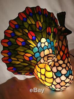 Tiffany Style Stained SLAG GLASS PEACOCK LAMP Table Desk Novelty Bird Light