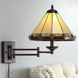 Tiffany Style Swing Arm Wall Lamp Bronze Plug-In Fixture Stained Glass Bedroom