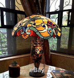 Tiffany Style Table Lamp 2 Lite Lit Base Blue Dragonfly Amber Red Stained Glass