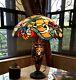 Tiffany Style Table Lamp 2 Lite Lit Base Blue Dragonfly Amber Red Stained Glass