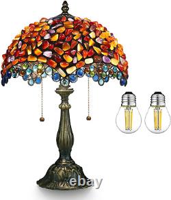 Tiffany Style Table Lamp Amber Stained Glass Agate Vintage Bedside Light