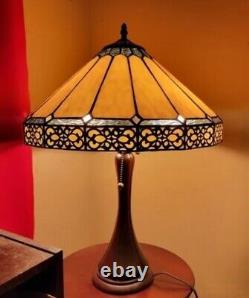 Tiffany Style Table Lamp Amber Stained Glass Bronze Bedside Mission Light