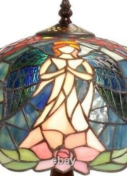 Tiffany Style Table Lamp Angel Motif Floral Stained Glass Shade Victorian Base