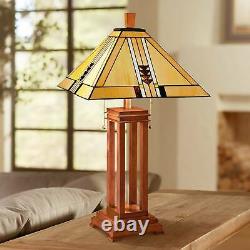 Tiffany Style Table Lamp Art Deco Wood Stained Glass for Living Room Bedroom