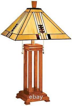 Tiffany Style Table Lamp Art Deco Wood Stained Glass for Living Room Bedroom