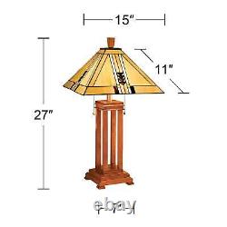 Tiffany Style Table Lamp Art Deco Wood Stained Glass for Living Room Bedroom