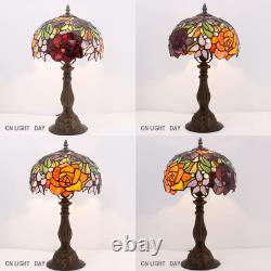 Tiffany Style Table Lamp Bedside Stained Glass Lamp Red Rose Desk Reading Light