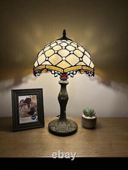 Tiffany Style Table Lamp Beige Stained Glass Crystal Bean LED Bulb Included 19H