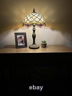 Tiffany Style Table Lamp Beige Stained Glass Crystal Bean LED Bulb Included 19H