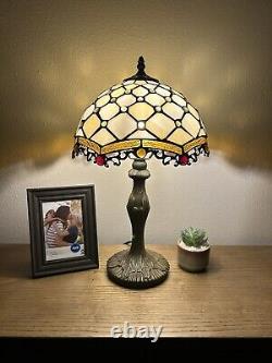 Tiffany Style Table Lamp Beige Stained Glass Crystal Bean LED Bulb Included 19H