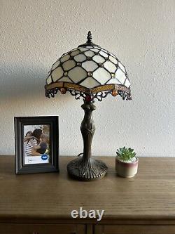 Tiffany Style Table Lamp Beige Stained Glass Crystal Bean LED Bulb Included 19H