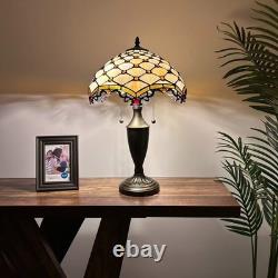 Tiffany Style Table Lamp Beige Stained Glass Crystal Beans LED Bulb 14W21H