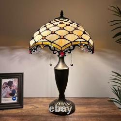 Tiffany Style Table Lamp Beige Stained Glass Crystal Beans LED Bulb 14W21H