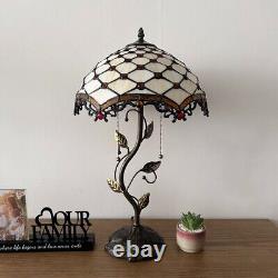 Tiffany Style Table Lamp Beige Stained Glass Crystal Beans LED Bulbs 24H14W