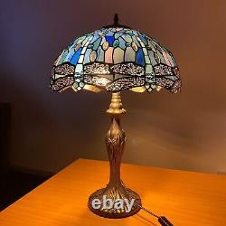 Tiffany Style Table Lamp Blue 18 Inch Shade Stained Glass Dragonfly Art US