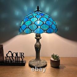 Tiffany Style Table Lamp Blue Green Stained Glass Crystal Bean LED Blub 19H