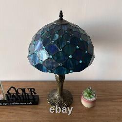 Tiffany Style Table Lamp Blue Green Stained Glass Crystal Bean LED Blub 19H