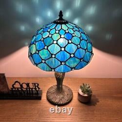 Tiffany Style Table Lamp Blue Green Stained Glass Crystal Bean LED Blub 19H