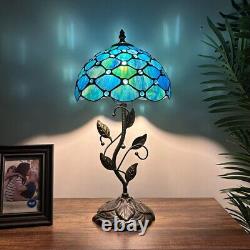 Tiffany Style Table Lamp Blue Green Stained Glass Crystal Beans LED Bulb 20H