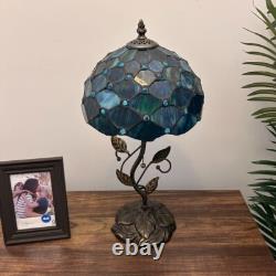 Tiffany Style Table Lamp Blue Green Stained Glass Crystal Beans LED Bulb 20H
