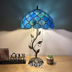 Tiffany Style Table Lamp Blue Green Stained Glass Crystal Beans LED Bulbs 24H