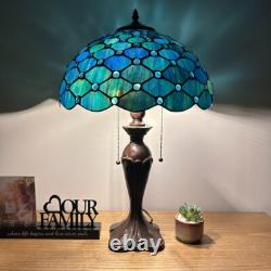 Tiffany Style Table Lamp Blue Green Stained Glass Crystal Beans LED Bulbs 24H