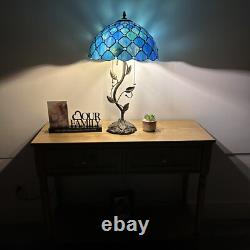 Tiffany Style Table Lamp Blue Green Stained Glass Crystal Beans LED Bulbs 24H