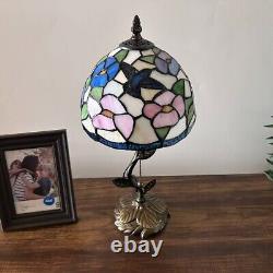 Tiffany Style Table Lamp Blue Pink Stained Glass Hummingbird Flower 8W8D16H