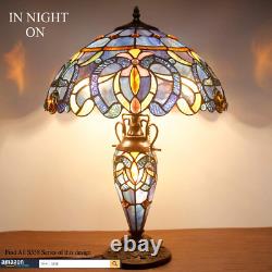 Tiffany Style Table Lamp Blue Purple Cloudy Stained Glass Mother-Daughter Vase L