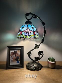 Tiffany Style Table Lamp Blue Purple Stained Glass Tulips LED Bulb Included 21H