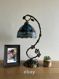 Tiffany Style Table Lamp Blue Purple Stained Glass Tulips LED Bulb Included 21H
