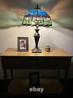 Tiffany Style Table Lamp Blue Purple Stained Glass Tulips LED Bulbs Include 24H