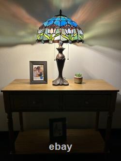 Tiffany Style Table Lamp Blue Purple Stained Glass Tulips LED Bulbs Include 24H