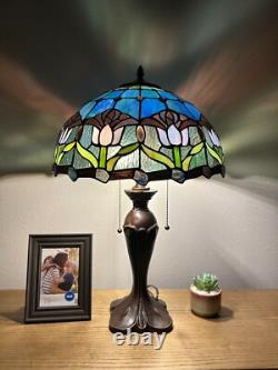 Tiffany Style Table Lamp Blue Purple Stained Glass Tulips LED Bulbs Include 24H