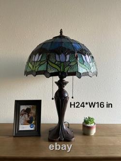 Tiffany Style Table Lamp Blue Purple Stained Glass Tulips LED Bulbs Include 24H