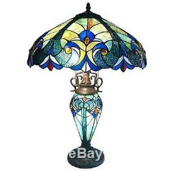 Tiffany Style Table Lamp Blue Red Gold Green Stained Glass Shade Lit Base 26 H
