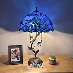 Tiffany Style Table Lamp Blue Stained Glass Baroque Style LED Bulbs H24W14