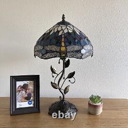 Tiffany Style Table Lamp Blue Stained Glass Dragonfly LED Bulb Included H22W12