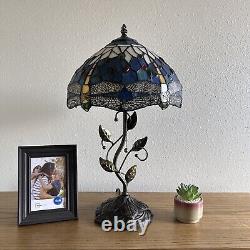Tiffany Style Table Lamp Blue Stained Glass Dragonfly LED Bulb Included H22W12