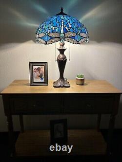 Tiffany Style Table Lamp Blue Stained Glass Dragonfly LED Bulb Included H24W16