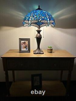 Tiffany Style Table Lamp Blue Stained Glass Dragonfly LED Bulb Included H24W16