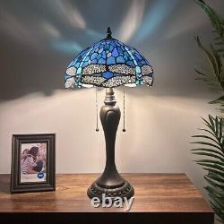 Tiffany Style Table Lamp Blue Stained Glass Dragonfly LED Bulbs 22H12W12D