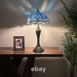 Tiffany Style Table Lamp Blue Stained Glass Dragonfly LED Bulbs 22H12W12D