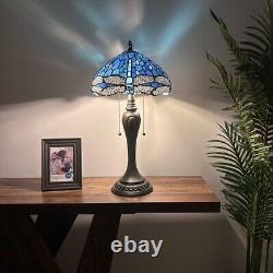 Tiffany Style Table Lamp Blue Stained Glass Dragonfly LED Bulbs 22H12W12D